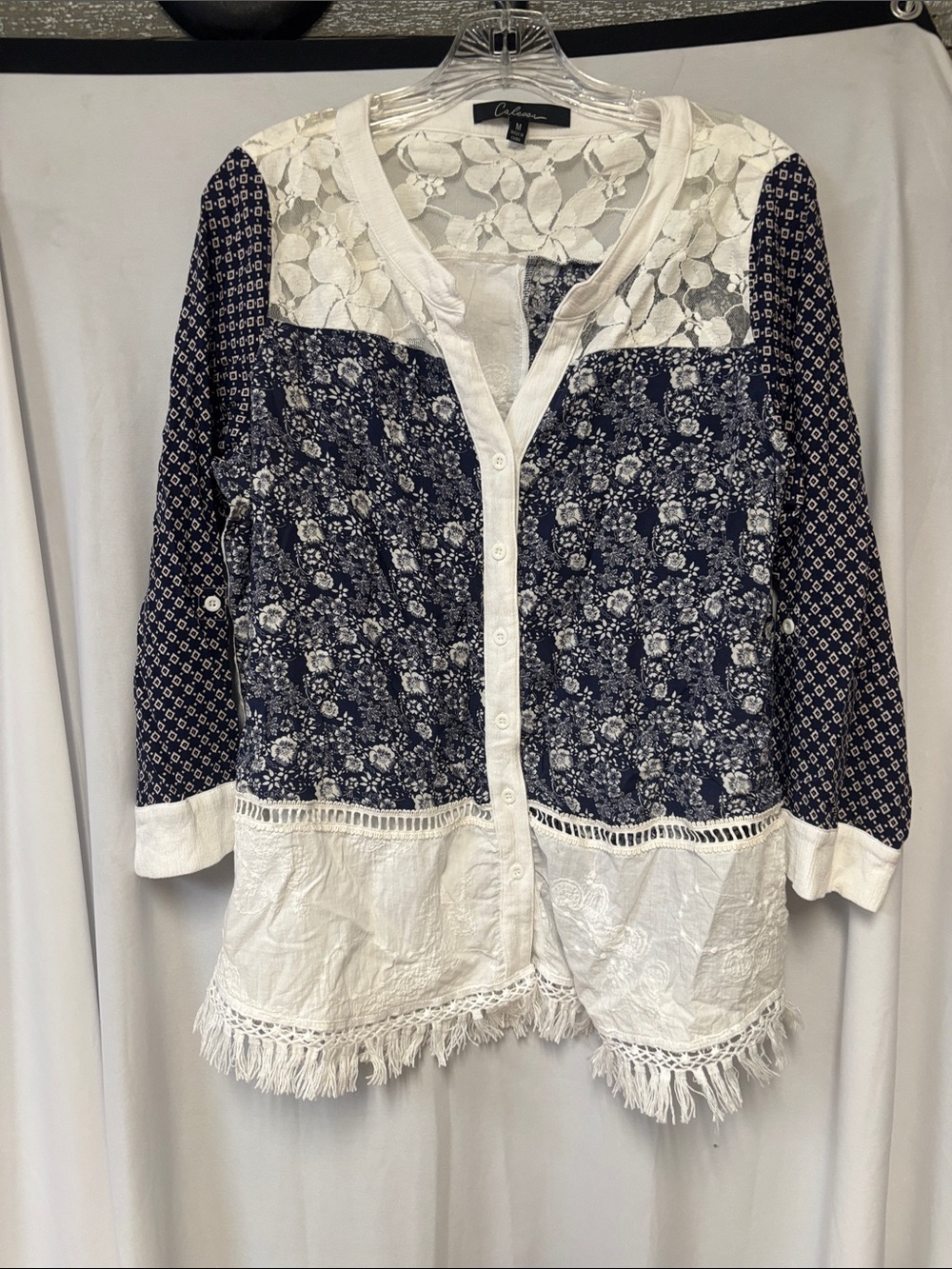 Caleoos Navy Floral Lace-Trim Button-Down Blouse